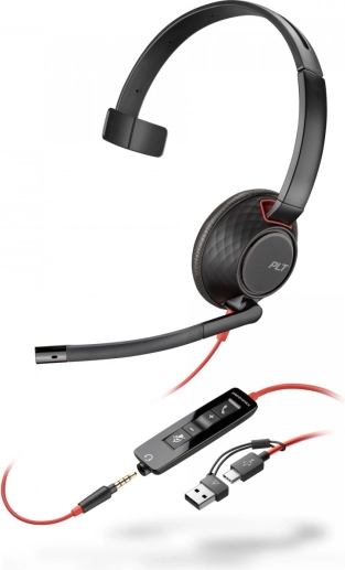 Jednostrana slušalica s mikrofonom POLY Blackwire 5210 USB‑C s 3,5 mm priključkom i USB‑C/USB‑A adapterom