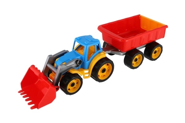 Traktor/nakladač/bager s prikolicom s plastičnom lopatom na slobodnu vožnju 2 boje u mrežici 16x61x16cm