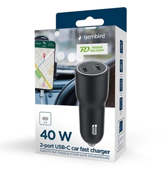 Autopunjač s 2x USB-C PD 40W crna