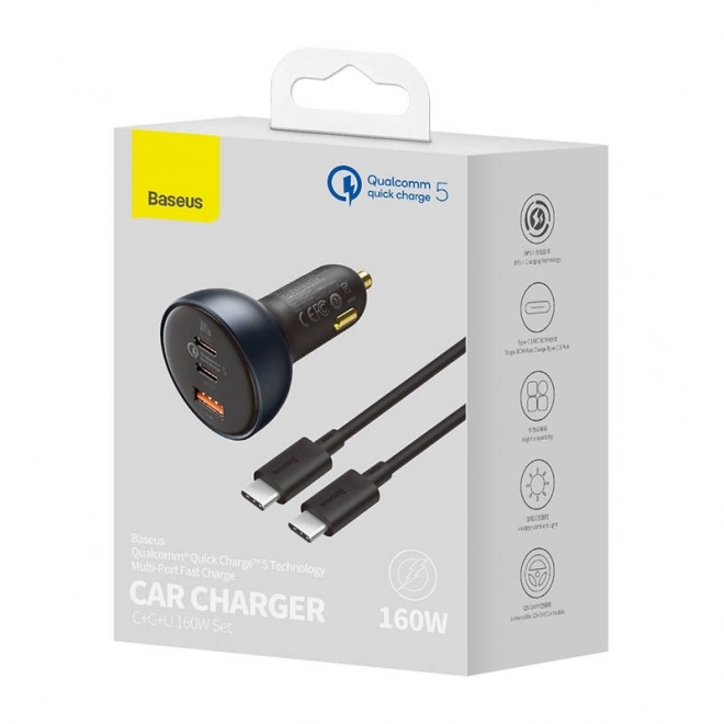 Punjač za auto Baseus Qualcomm, USB, 2x USB-C, 160 W (siva)