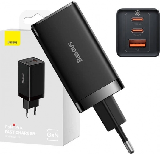 Zidni punjač Baseus GaN5 Pro 65 W, 2× USB‑C + USB (crna)