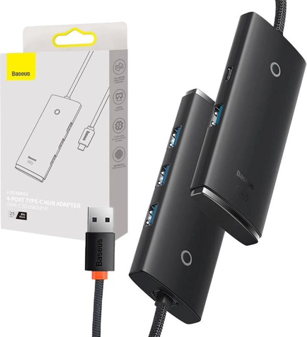 USB-C adapter Baseus OS-Lite s 4 USB priključka 25 cm crni
