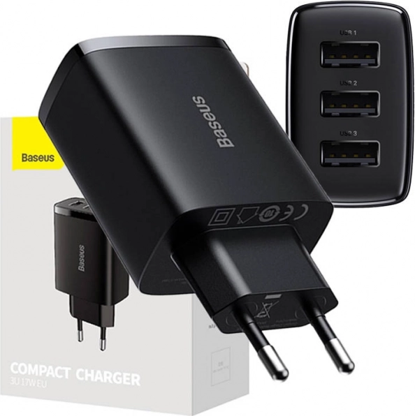 Mrežni brzi punjač BASEUS 17 W, 3× USB, crna