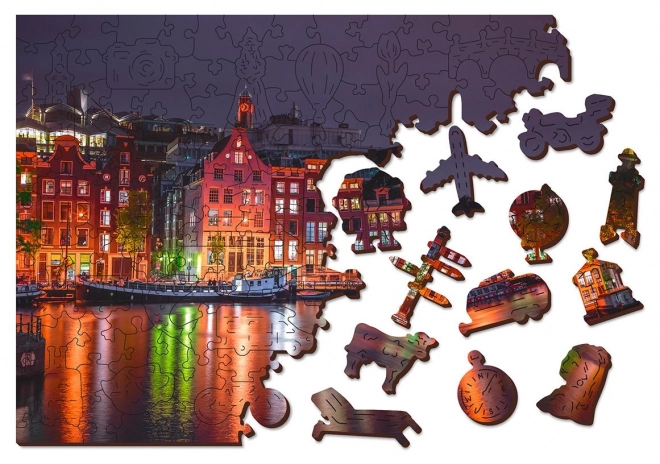 Drvene puzzle Noćni Amsterdam s jedinstvenim dijelovima