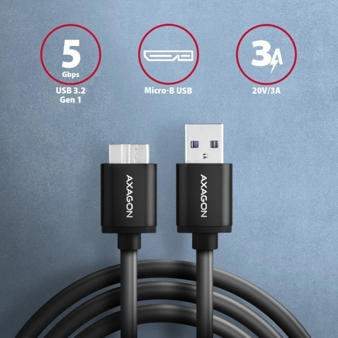 Kabel AXAGON Micro-B USB na USB-A 3.2 Gen 1, 1m, 3A, ALU, PVC, crni