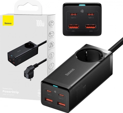 Baseus GaN3 Pro napojna letva i punjač 100 W, 2× USB‑C + 2× USB + AC (crna)