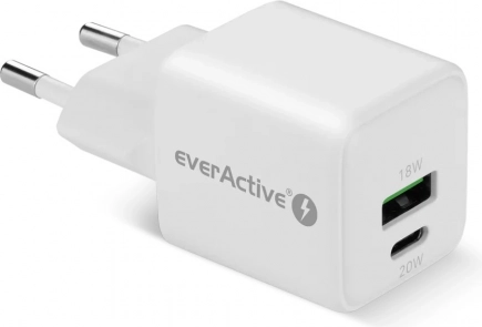 Mrežni punjač GaN 1x USB, 1x USB-C 20W QC3.0 bijeli