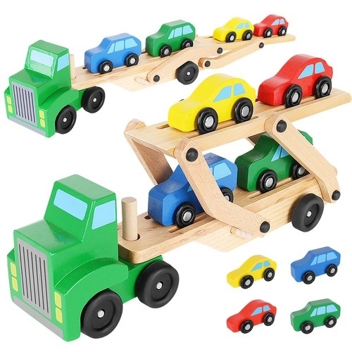 Drveni kamion s prikolicom + set automobila 22698