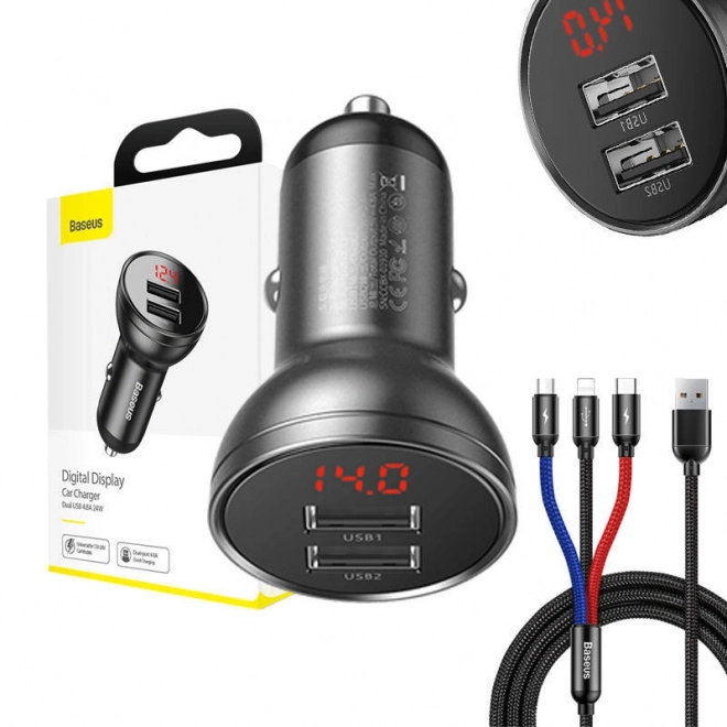 Baseus Punjac Za Auto s Prikazom i USB 3v1 Kabelom 24W