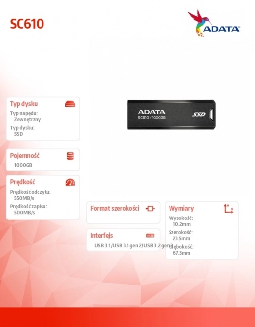 Vanjski SSD disk ADATA SC610 1000GB USB3.2 Gen2 crni