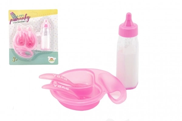 Set za lutke plastična bočica, zdjelica s priborom na kartici 19x22x4cm