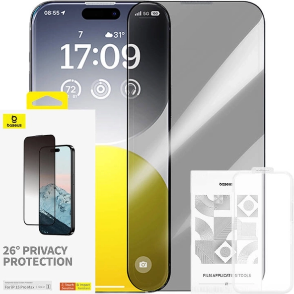 Kaljeno staklo s privatnim filtrom Baseus za iPhone 15 Pro Max