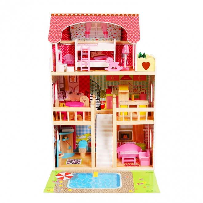 Drvena kućica za lutke, namještaj, bazen + rasvjeta ECOTOYS