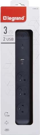 produžni zaštitni razdjelnik s 3 utičnice s USB A/C, 1,5 m, crni