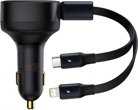 Auto punjač Baseus Enjoyment s integriranim kabelima USB‑C i Lightning, 30 W