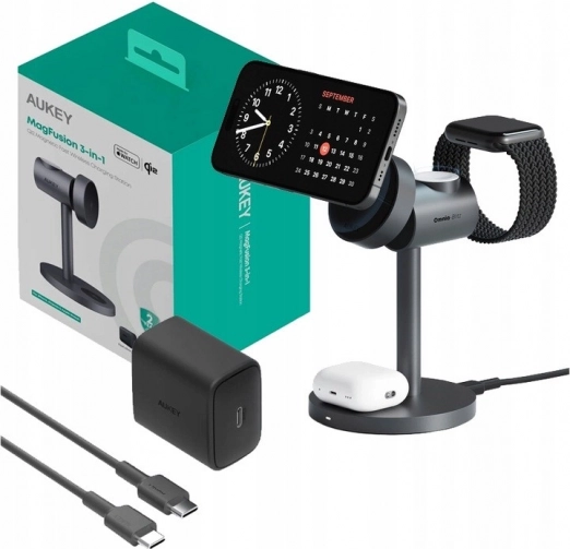 Aukey MagFusion 3-u-1 bežični punjač, 15 W, siva