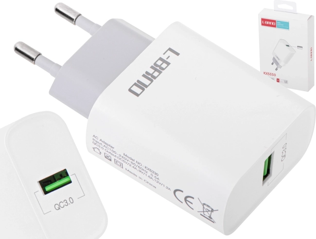 Mrežni punjač USB 15 W s brzim punjenjem QC 3.0 L-BRNO bijela