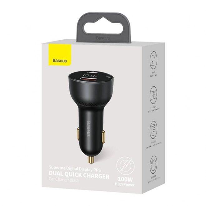 Brzi punjač za auto Baseus USB i USB-C 100W crna