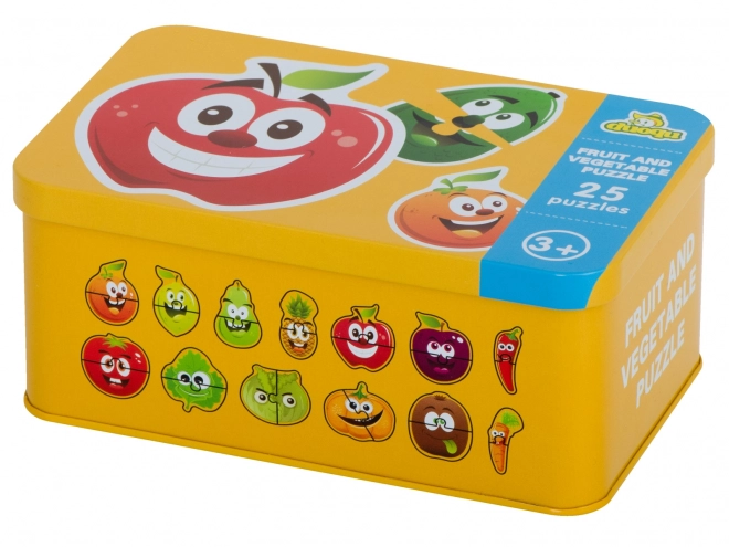 Puzzle s motivima voća i povrća u limenoj kutiji