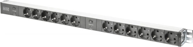 PDU napajna letva 19" RACK, 12x Schuko utičnica, 2x 2 m Unischuko utikač, 16 A, zaštita od preopterećenja, aluminijski profil