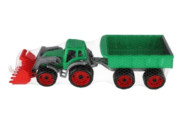 Traktor/nakladač/bager s prikolicom s plastičnom lopatom na slobodnu vožnju 2 boje u mrežici 16x61x16cm
