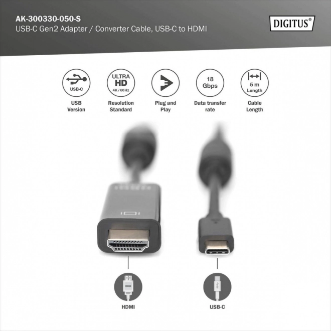 USB Type-C kabel na HDMI za prijenos video signala 4K/60Hz 5m crni