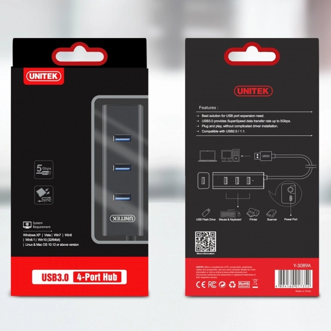 Hub 4x USB 3.0 s podrškom BC1.2, crni