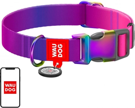 Najlonska ogrlica za pse s QR kodom WAU DOG gradient, ljubičasta, veličina L