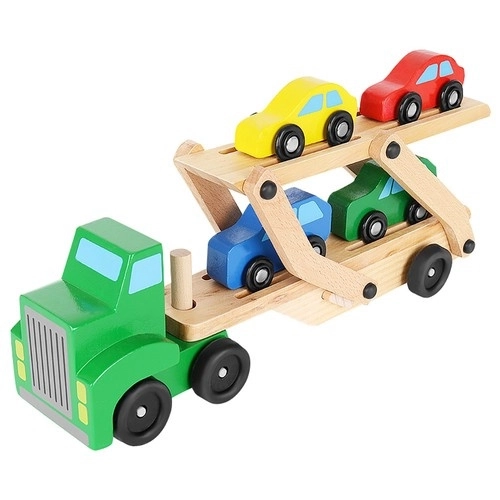 Drveni kamion s prikolicom + set automobila 22698