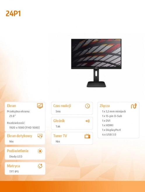 Monitor AOC 24P1 IPS s DVI, DP, HDMI, Pivot, Zvučnici