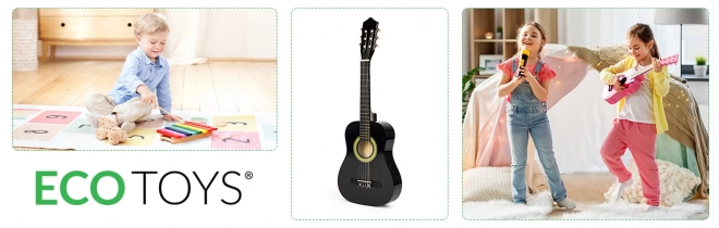 Velika dječja drvena gitara s 6 žica ECOTOYS – crna