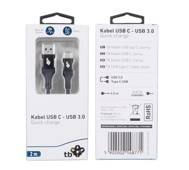 USB kabel USB 3.0 - USB-C 2m Premium 3A crni