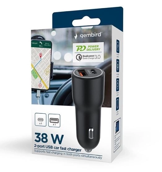 Brzi crni USB-A/USB-C punjač za auto 38W PD