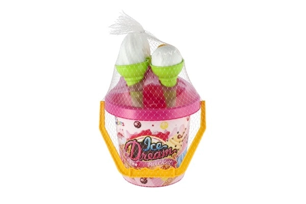 Set za pijesak plastični kantić + kalupi sladoled 2 boje u mrežici 18x28x17cm 12m+