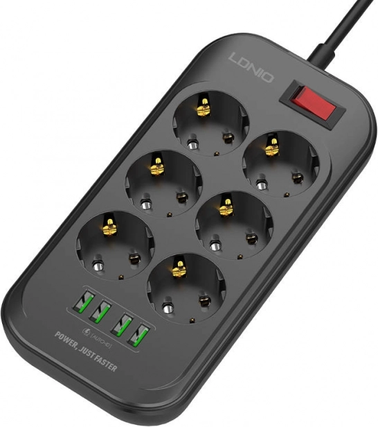 Produžni kabel LDNIO s 6 utičnica i 4 USB porta, 2m crna