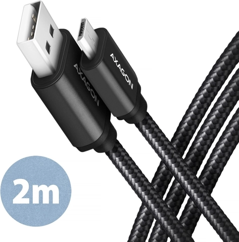 Kabel AXAGON MicroUSB - USB A 2 m, ALU opleten, crni