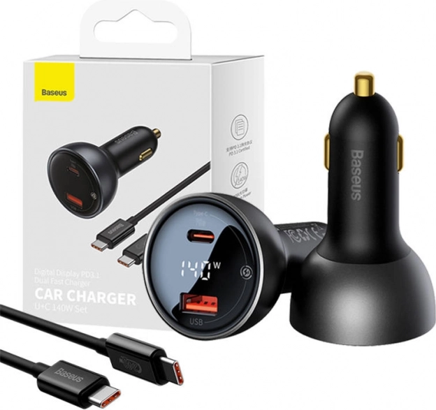 Autopunjač Baseus Superme s zaslonom, USB‑C + USB, 140 W, crna