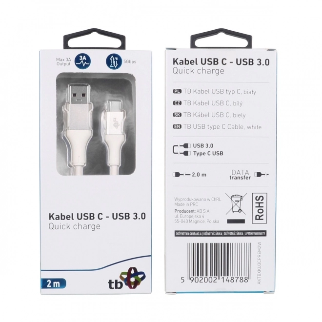 Bijeli USB 3.0 - USB C kabel 2m PREMIUM 3A TPE