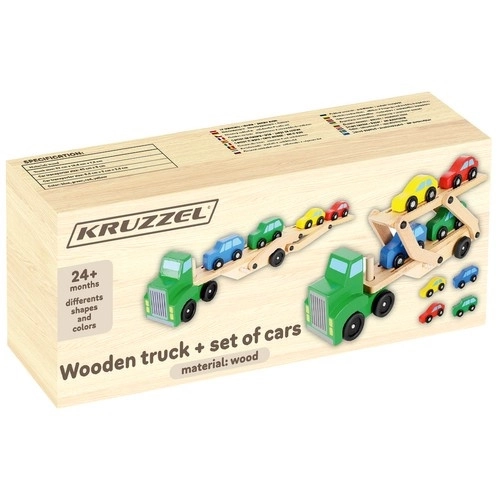 Drveni kamion s prikolicom + set automobila 22698