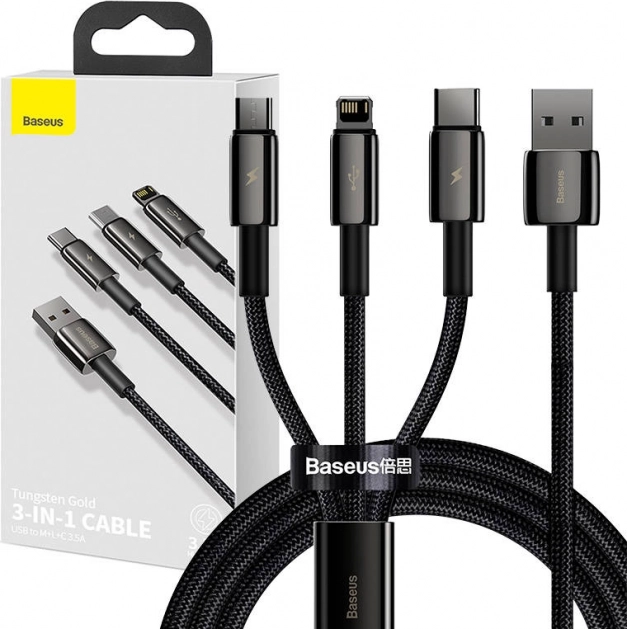 Baseus Tungsten Gold 3-u-1 kabel za punjenje i prijenos podataka USB na Lightning / USB‑C / micro USB, 3,5 A, 1,5 m (crni)