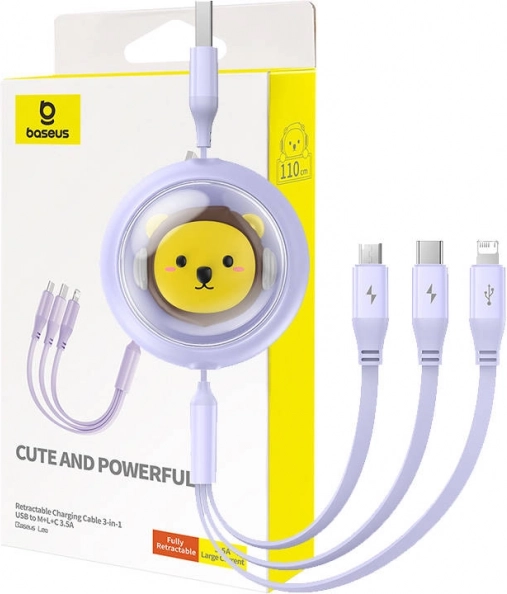 Izvlačni 3u1 punjački kabel BASEUS USB na USB‑C, Lightning i Micro USB 3,5 A, 1,1 m – ljubičasti