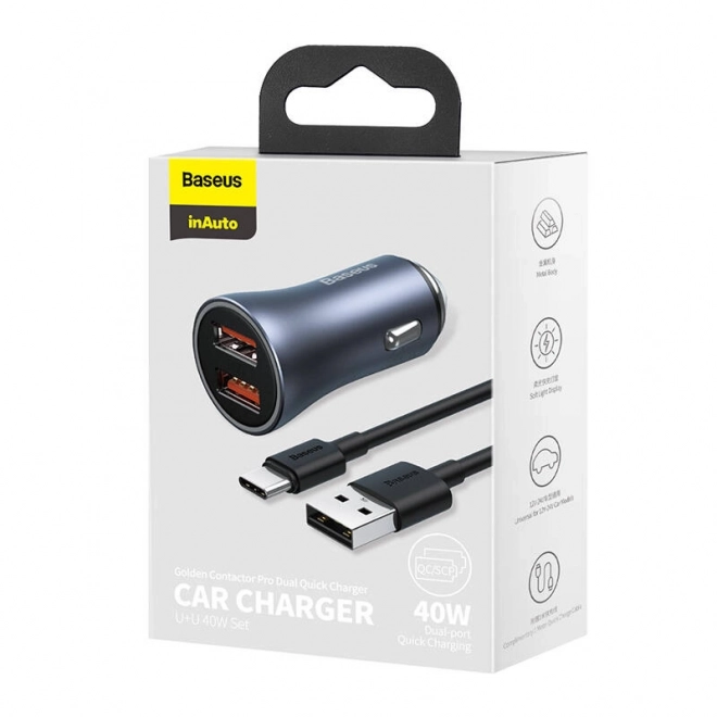 Punjač za auto Baseus s dvostrukim USB i USB-C kabelom