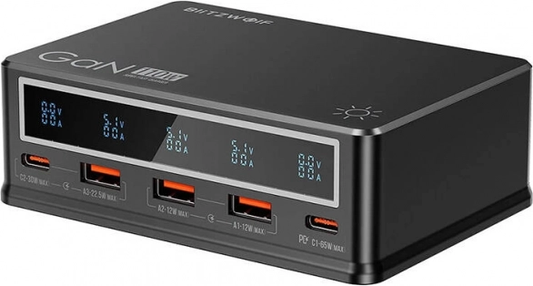 Stolni punjač BlitzWolf 110 W s PD, 3× USB‑A i 2× USB‑C, crna