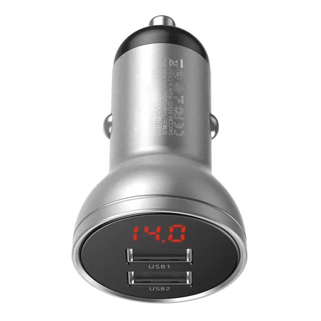 Baseus auto punjač s 2 USB porta i LED ekranom