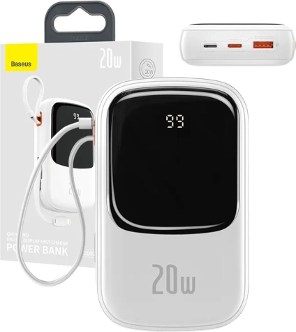 Power banka Baseus Qpow Pro s Lightning i USB kabelom 20000mAh 20W bijela