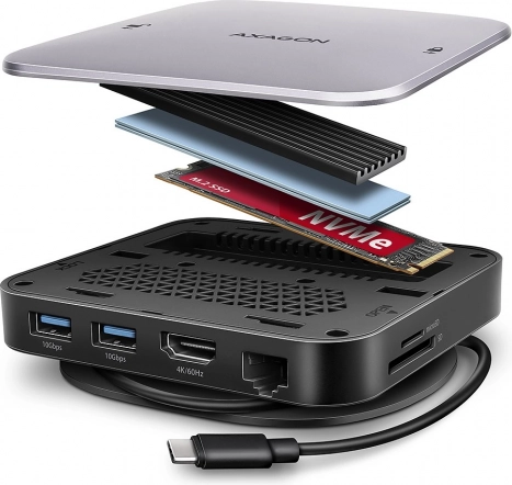 AXAGON višelučni USB‑C hub 9‑u‑1 s M.2 NVMe/SATA, HDMI 4K/60 Hz, PD 100 W, GLAN i čitačem kartica