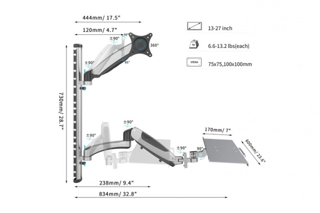 Zidni nosač za monitor i tipkovnicu, max. 27", max. 8kg, rotirajuće 360°