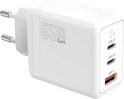 Mrežni punjač 2× USB‑C + USB‑A s Power Delivery, bijeli, GaN 65 W