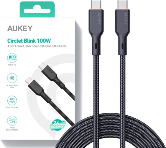 Crni USB-C na USB-C kabel 1,8 m s 100 W snage od Aukeyja