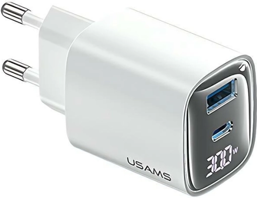 Mrežni punjač 30W GaN s LED zaslonom USB + USB‑C bijeli